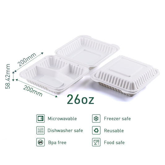 7" x 7" 3-Compartment White Mineral-Filled Hinged Plastic Microwaveable Take-Out Container - 150/Case