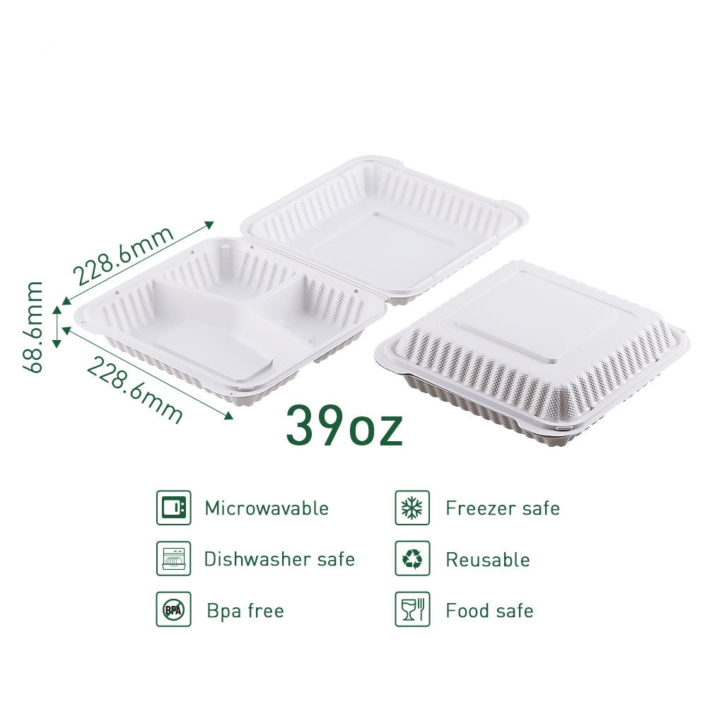 9" x 9" 3-Compartment White Mineral-Filled Hinged Plastic Microwaveable Take-Out Container - 150/Case
