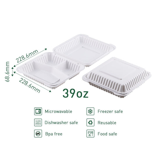 9" x 9" 3-Compartment White Mineral-Filled Hinged Plastic Microwaveable Take-Out Container - 150/Case