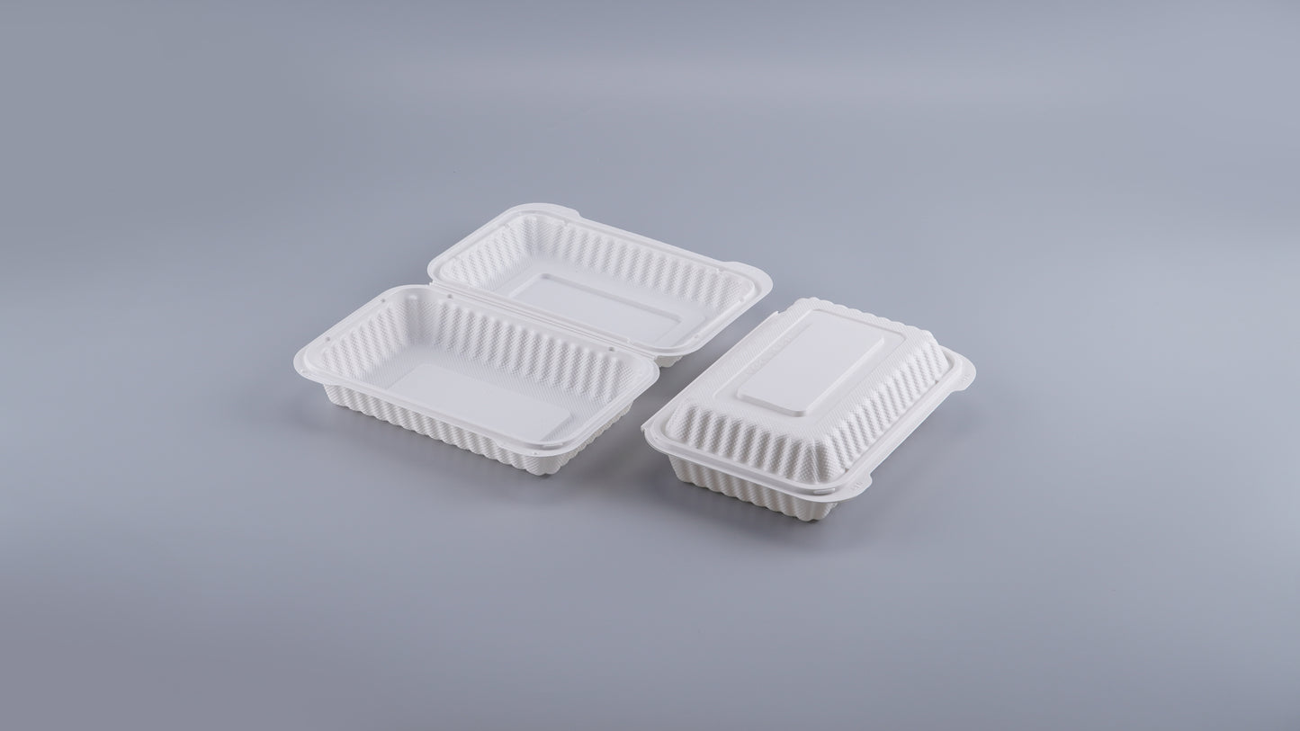 8" x 8" 3-Compartment White Mineral-Filled Hinged Plastic Microwaveable Take-Out Container - 150/Case