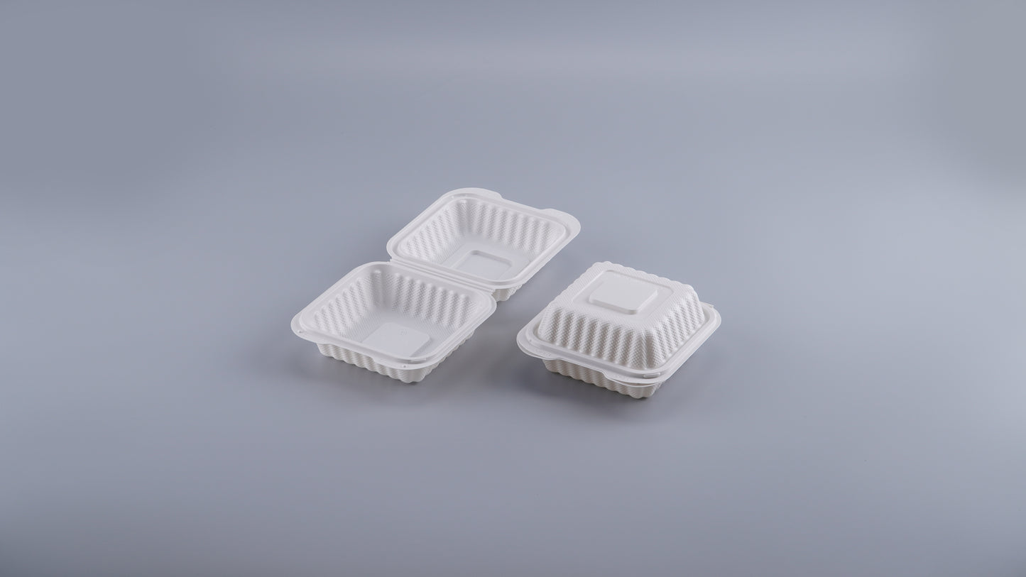 6" x 6" 1-Compartment White Mineral-Filled Hinged Plastic Microwaveable Take-Out Container - 250/Case