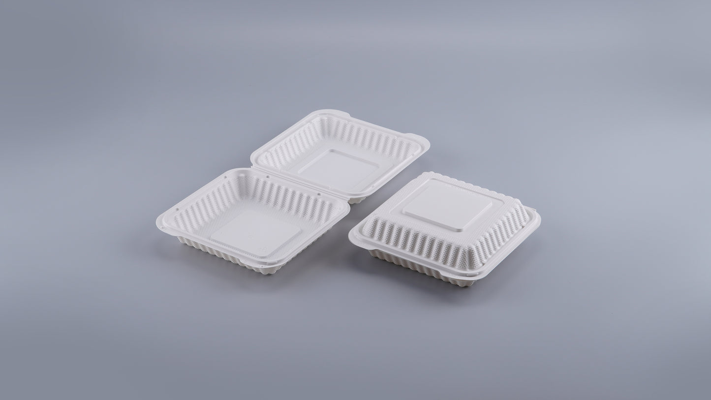 7" x 7" 1-Compartment White Mineral-Filled Hinged Plastic Microwaveable Take-Out Container - 150/Case