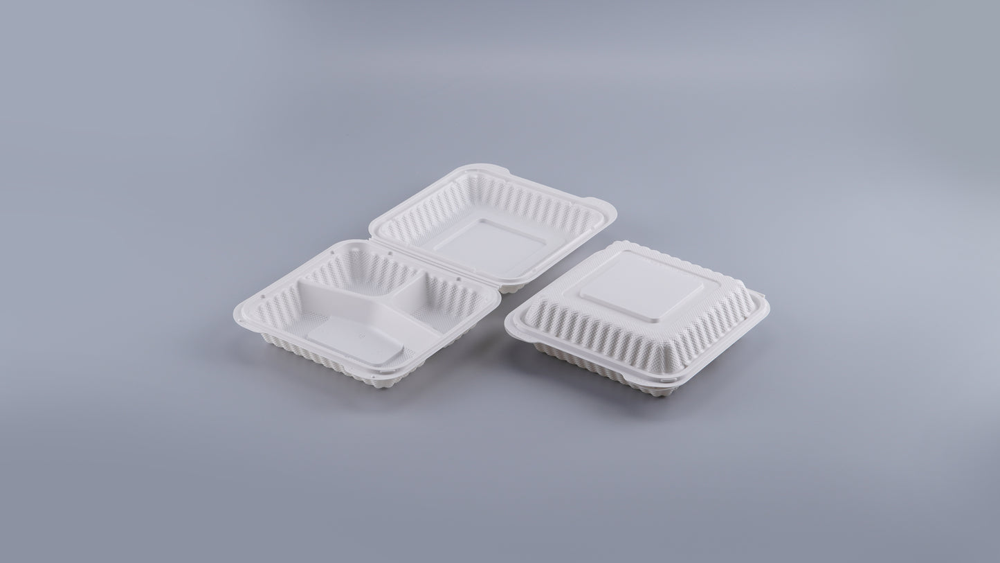 7" x 7" 3-Compartment White Mineral-Filled Hinged Plastic Microwaveable Take-Out Container - 150/Case