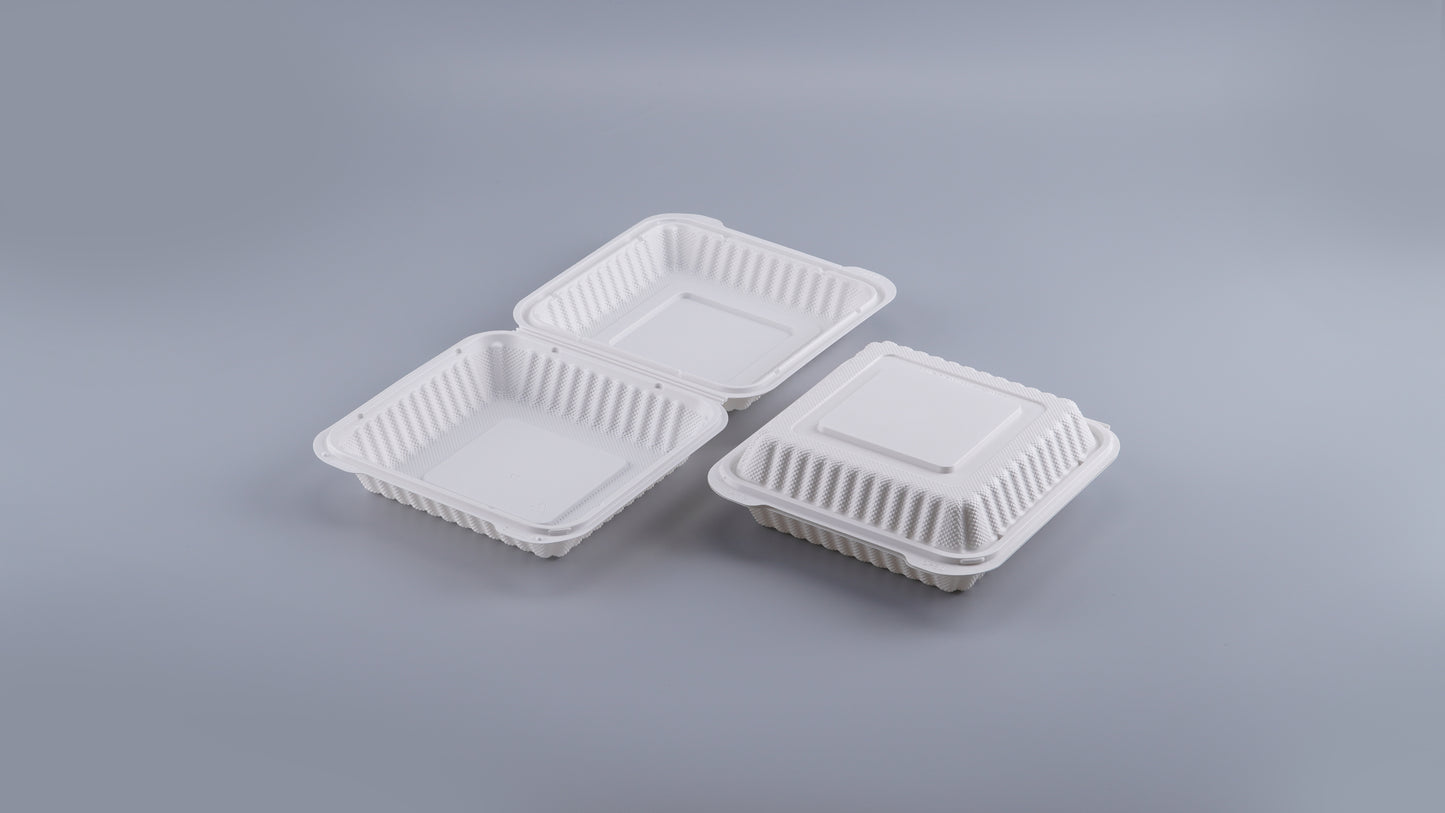 8" x 8" 1-Compartment White Mineral-Filled Hinged Plastic Microwaveable Take-Out Container - 150/Case