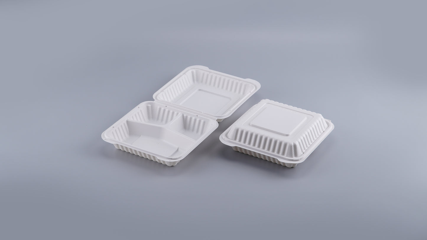 8" x 8" 3-Compartment White Mineral-Filled Hinged Plastic Microwaveable Take-Out Container - 150/Case