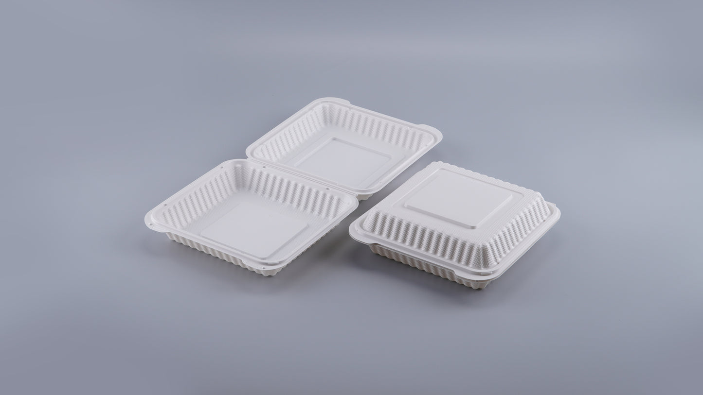 9" x 9" 1-Compartment White Mineral-Filled Hinged Plastic Microwaveable Take-Out Container - 150/Case
