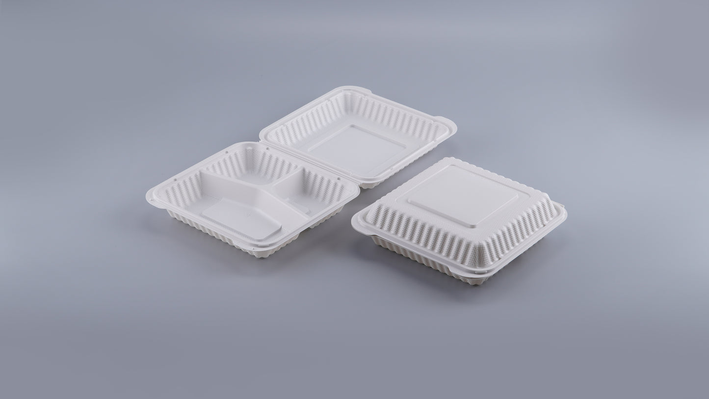 9" x 9" 3-Compartment White Mineral-Filled Hinged Plastic Microwaveable Take-Out Container - 150/Case