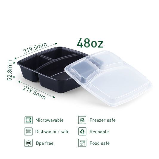 48 oz Rectangular 3 component  Microwavable Heavy Weight Container with Lid - 150/Case