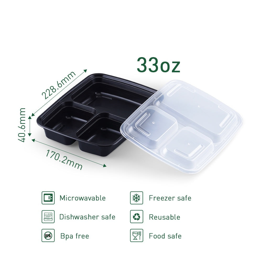 33 oz Rectangular 3 component Microwavable Heavy Weight Container with Lid - 150/Case
