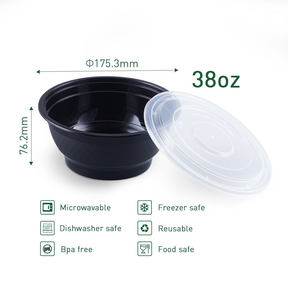 38 oz Round Bowl Black-Microwavable Heavy Weight Container with Lid - 150/Case