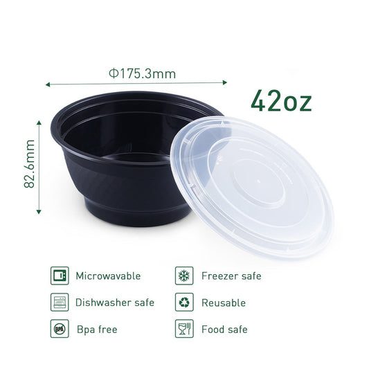 42 oz Round Bowl Black-Microwavable Heavy Weight Container with Lid - 150/Case