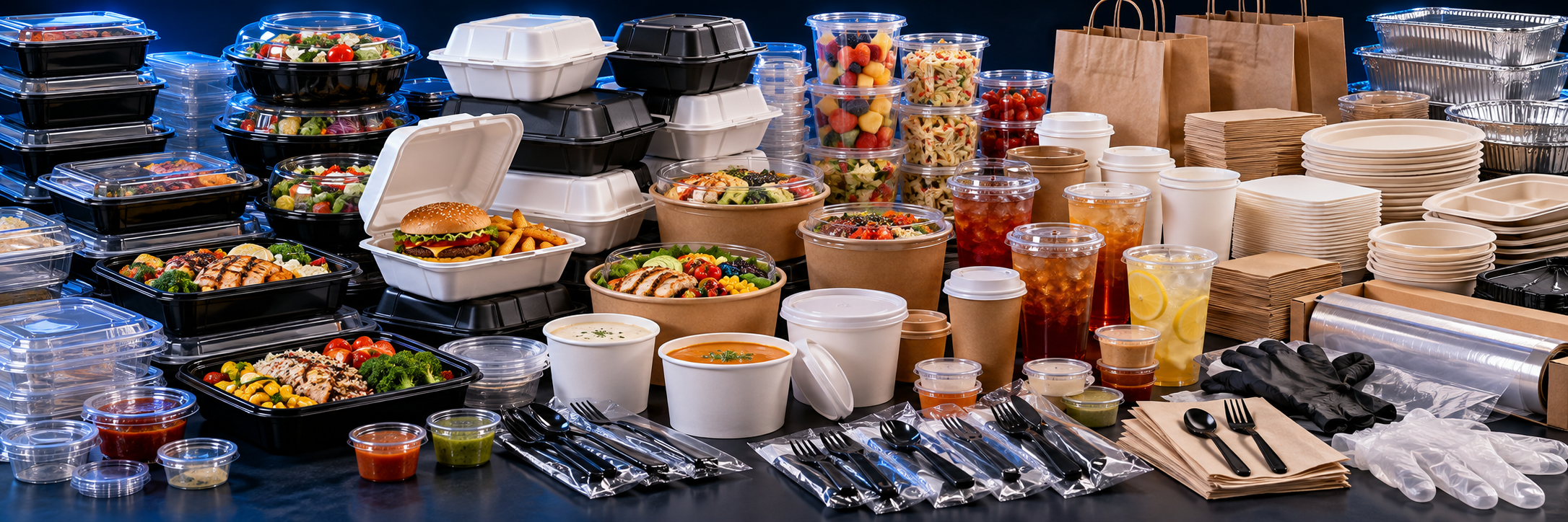X PACK restaurant containers, cups, bags, plates, foil, utensils and gloves
