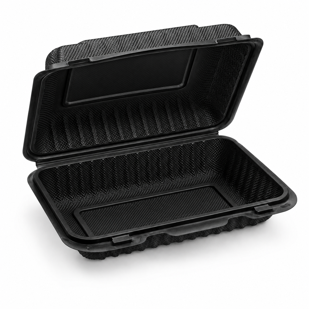 Black PP Hinged Container — 6 Compartments, Heavy Duty