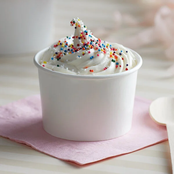 White paper ice cream cup for 4 oz and 8 oz options; serving suggestion